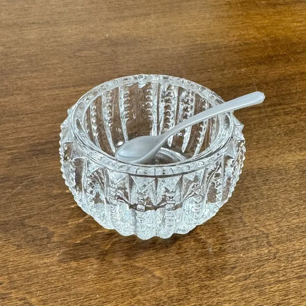 Vintage Antique Open Salt Cellar Clear Glass with Spoon 1.75